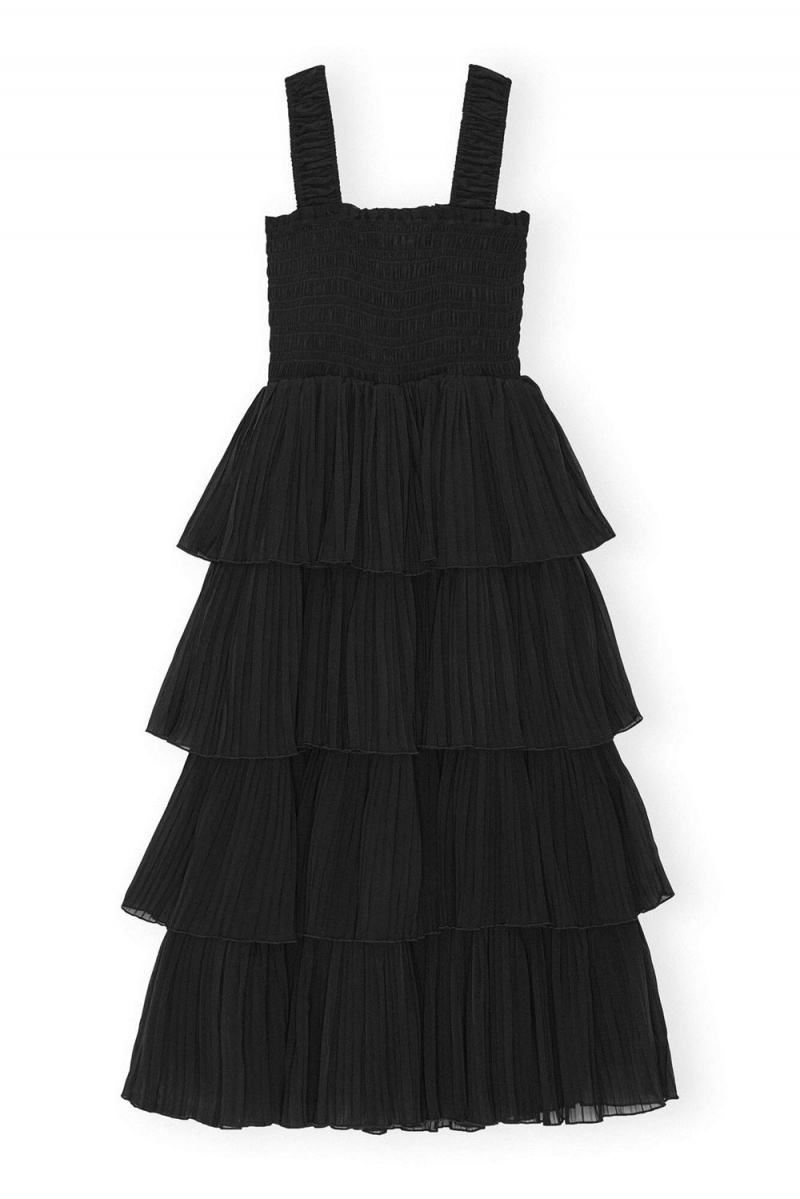 Black Women's Ganni Pleated Georgette Flounce Smock Midi Dress | 36JKHNTIM