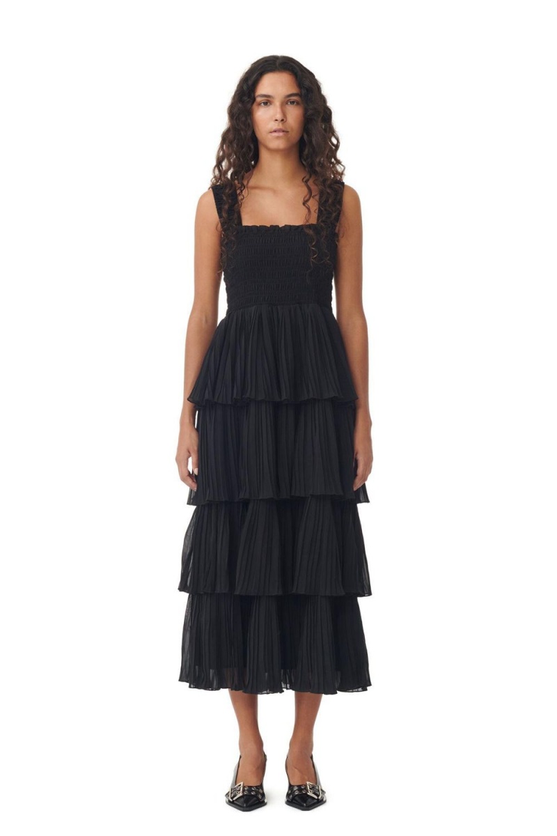 Black Women\'s Ganni Pleated Georgette Flounce Smock Midi Dress | 36JKHNTIM