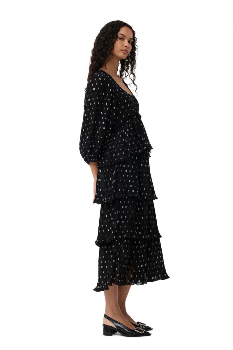 Black Women's Ganni Pleated Georgette Flounce Smock Midi Dress | 17FNDRPTB