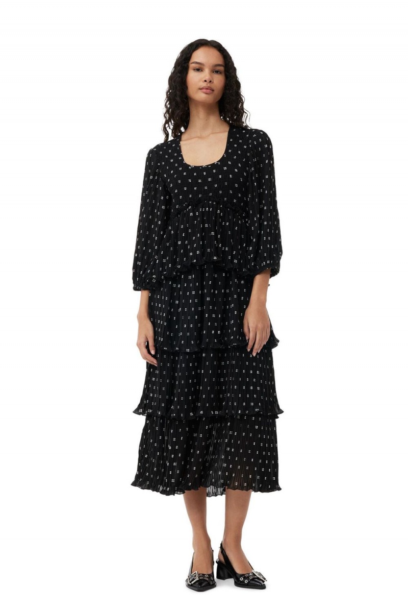 Black Women\'s Ganni Pleated Georgette Flounce Smock Midi Dress | 17FNDRPTB