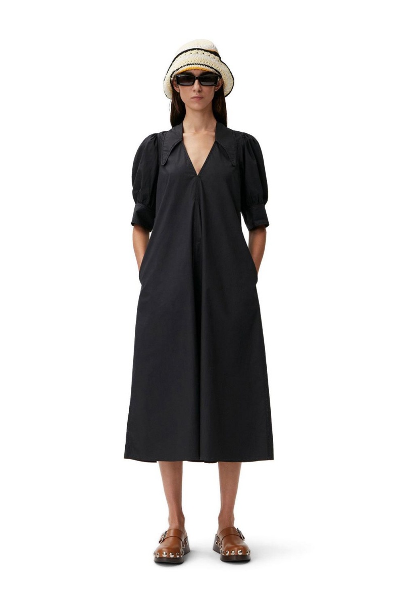 Black Women\'s Ganni Poplin Midi Dress | 03AWDNQYH