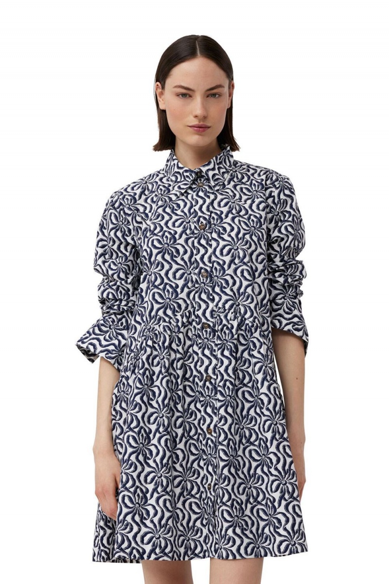 Black Women's Ganni Printed Cotton Poplin Mini Shirt Dress | 64SBUGTJV