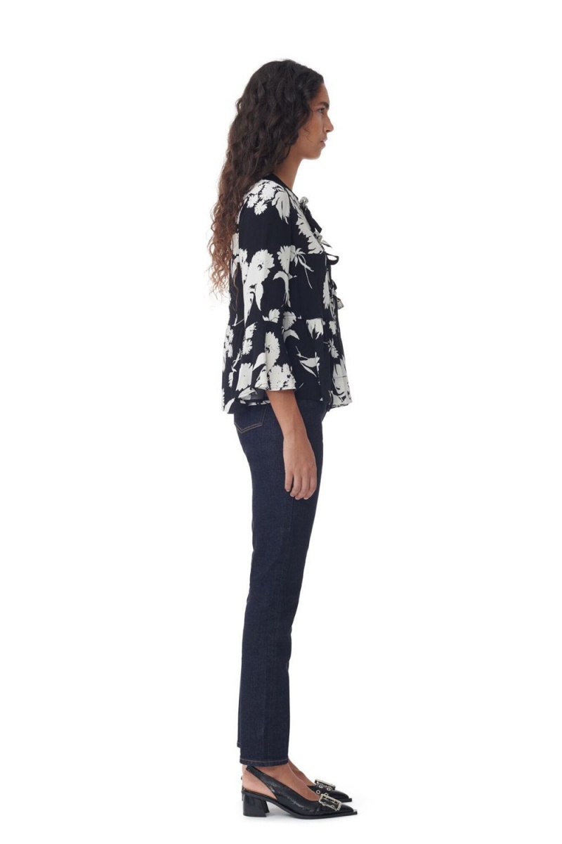 Black Women's Ganni Printed Crepe Peplum Blouse | 16VALCUBJ