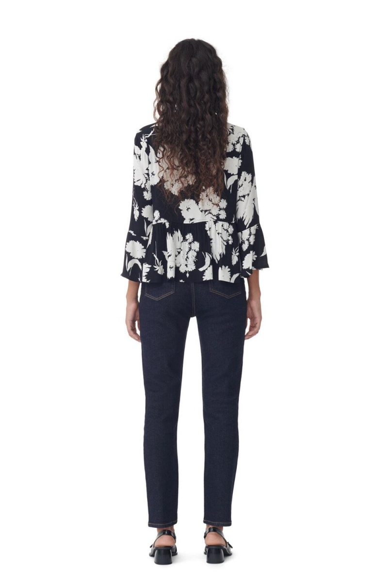 Black Women's Ganni Printed Crepe Peplum Blouse | 16VALCUBJ