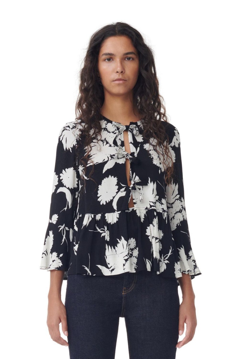 Black Women\'s Ganni Printed Crepe Peplum Blouse | 16VALCUBJ