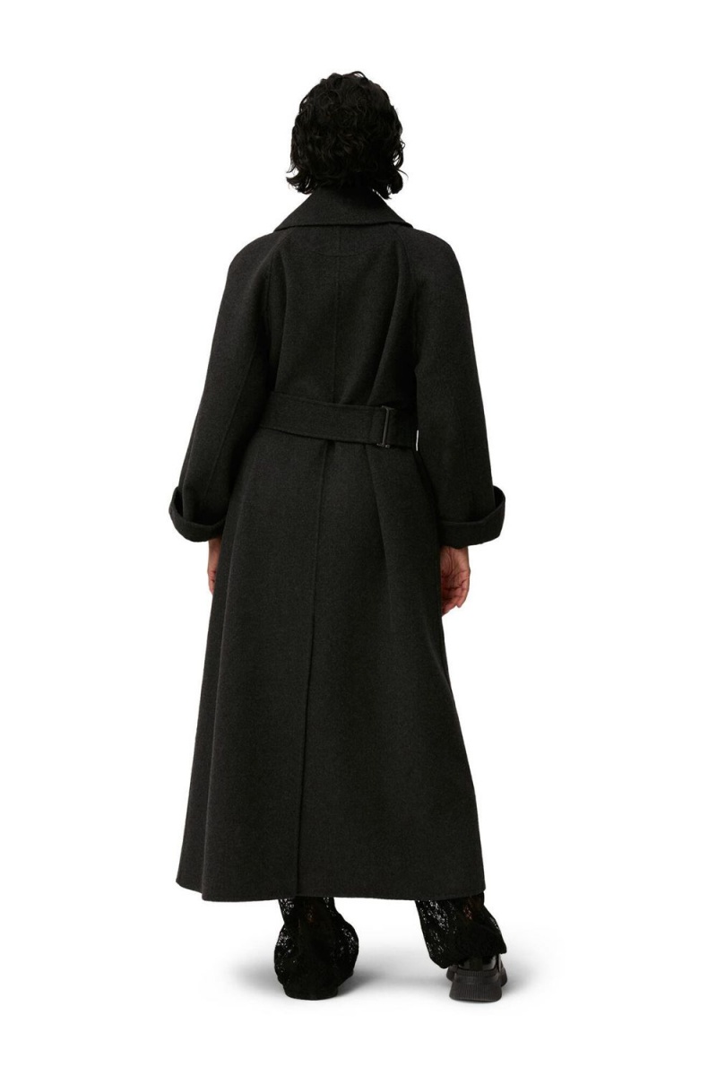 Black Women's Ganni Recycled Long Wrap Wool Coat | 19XSHBIEN