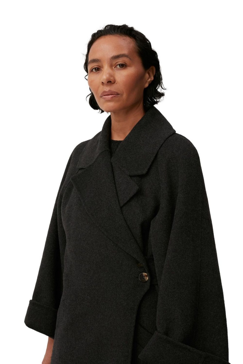 Black Women's Ganni Recycled Long Wrap Wool Coat | 19XSHBIEN