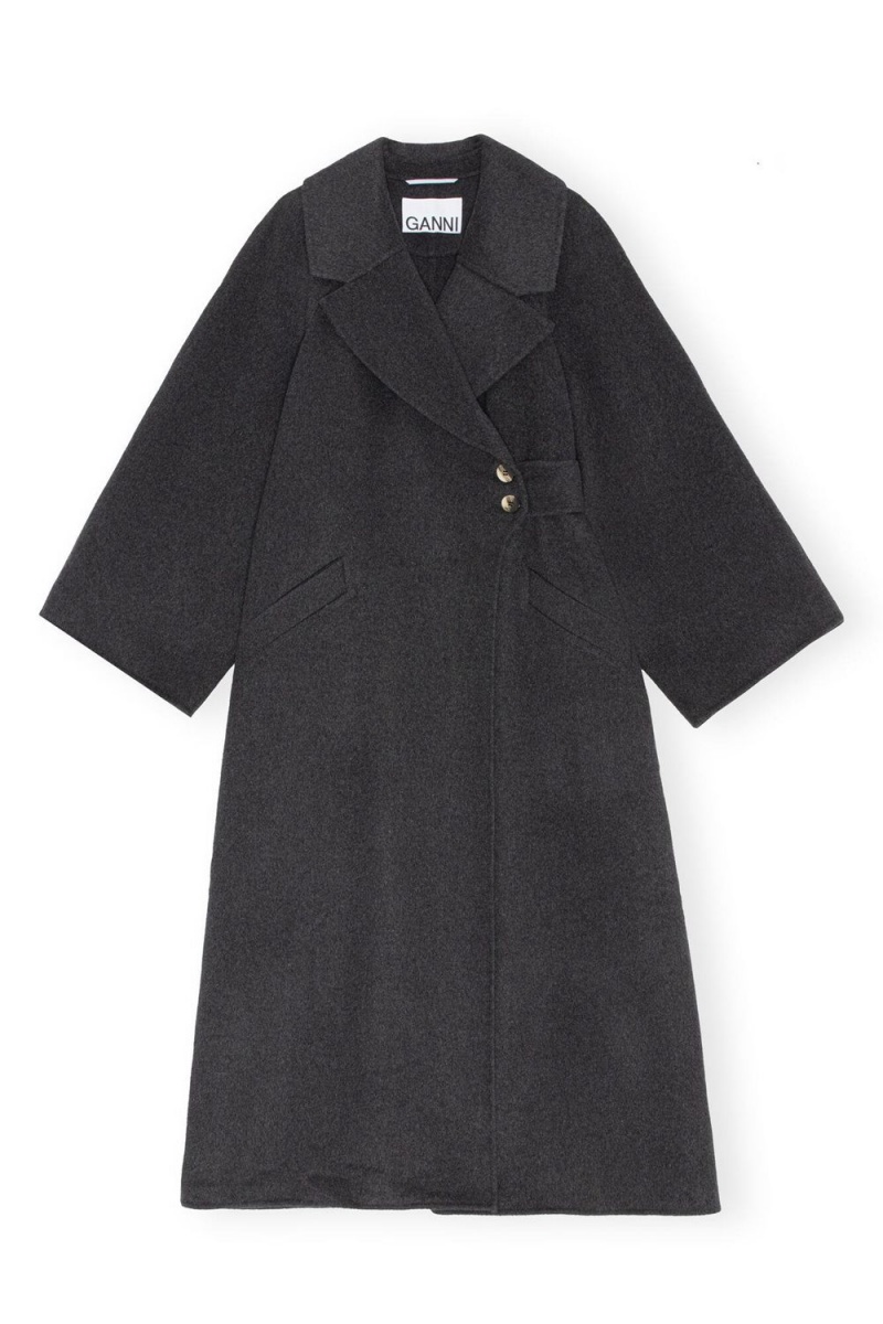 Black Women's Ganni Recycled Long Wrap Wool Coat | 19XSHBIEN