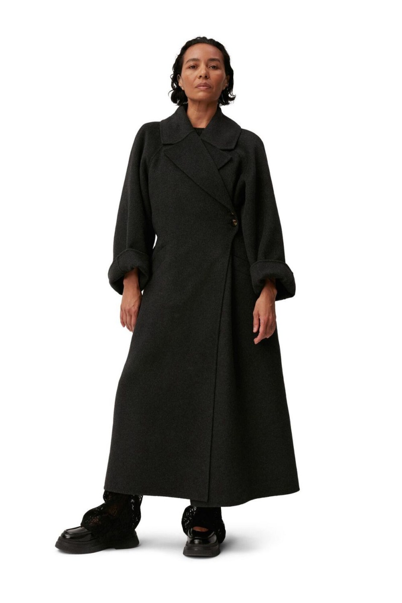 Black Women\'s Ganni Recycled Long Wrap Wool Coat | 19XSHBIEN