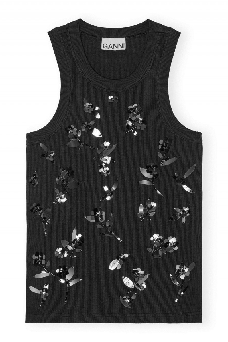 Black Women's Ganni Rib Jersey Embellished Tank Top | 26UACXZBF