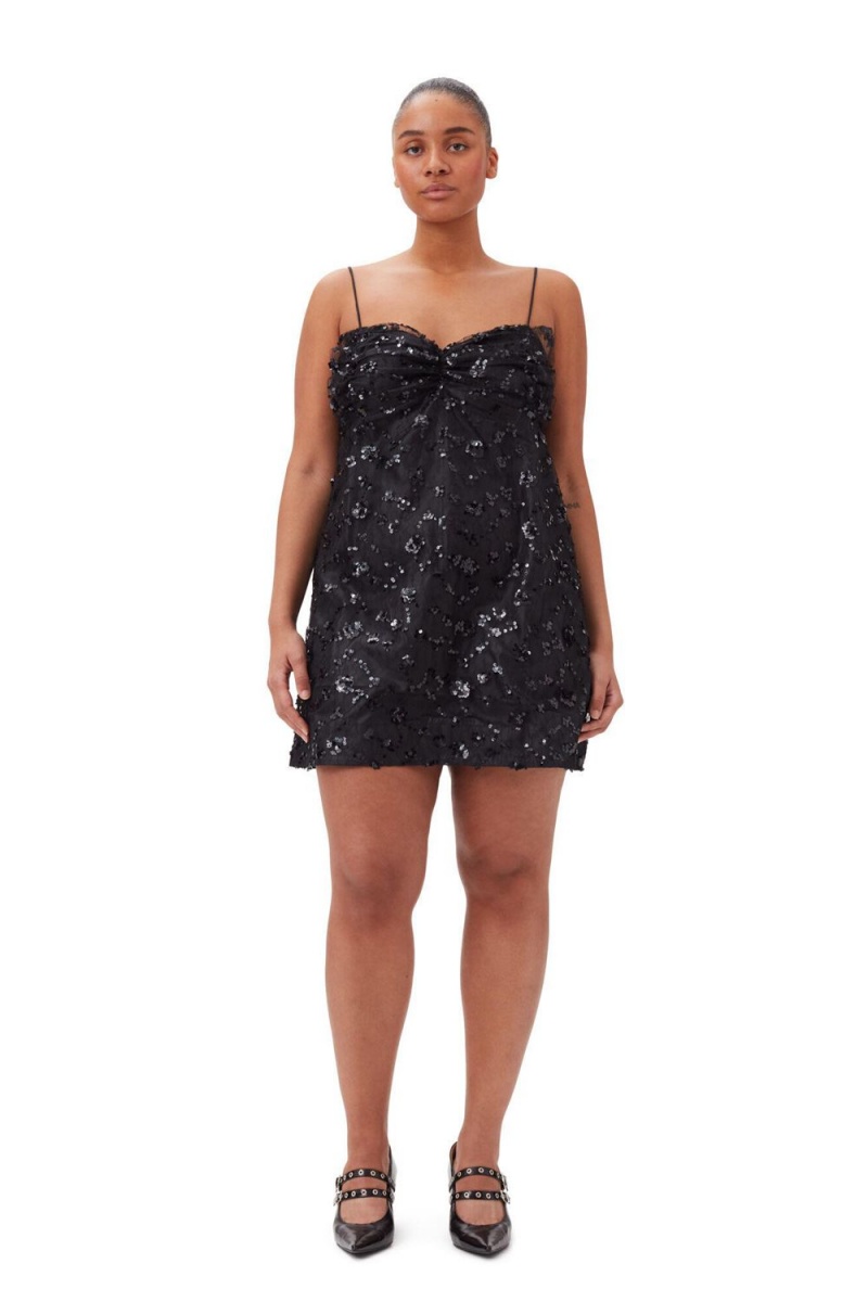 Black Women's Ganni Sequins Lace Mini Dress | 29PFKXMJU