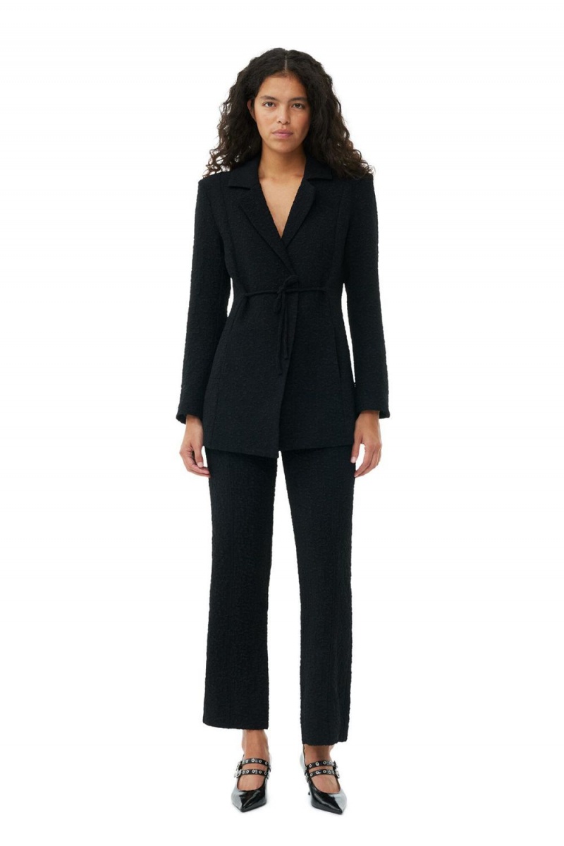 Black Women's Ganni Textured Suiting Tie String Blazer | 85DEOFKWZ