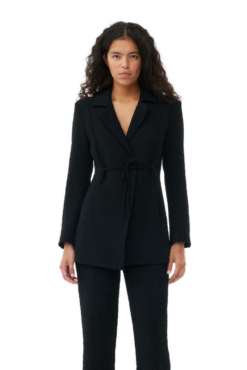 Black Women\'s Ganni Textured Suiting Tie String Blazer | 85DEOFKWZ