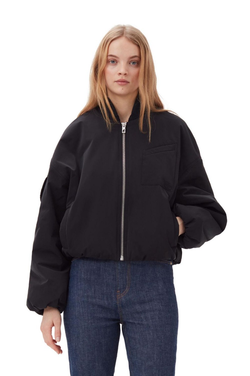 Black Women\'s Ganni Twill Oversized Short Bomber Jacket | 25VJLKMOE