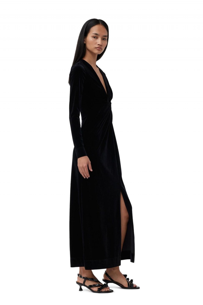 Black Women's Ganni Velvet Jersey Twist Long Dress | 70QTFIKAJ