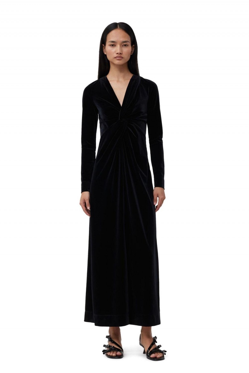 Black Women\'s Ganni Velvet Jersey Twist Long Dress | 70QTFIKAJ