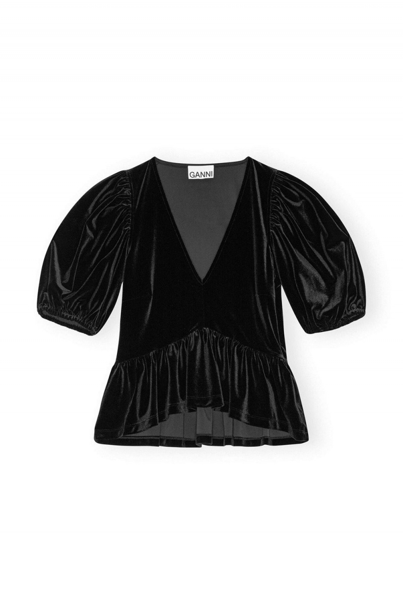 Black Women's Ganni Velvet Jersey V-neck Blouse | 49PROICGD