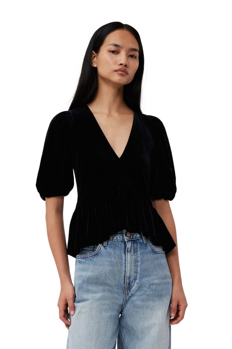 Black Women\'s Ganni Velvet Jersey V-neck Blouse | 49PROICGD