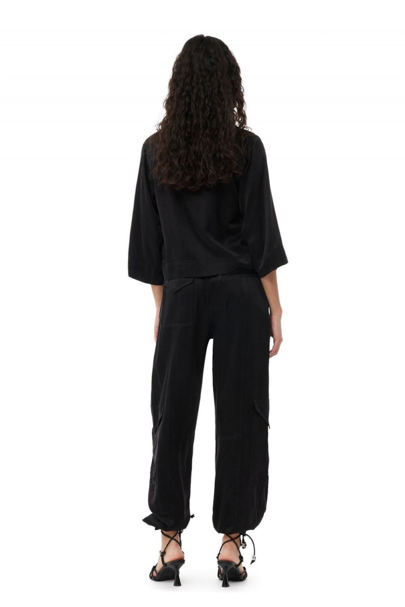 Black Women's Ganni Washed Satin Crop Shirts | 70PTCRXWU