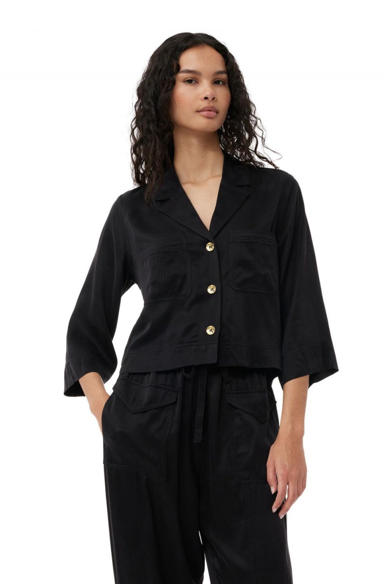 Black Women\'s Ganni Washed Satin Crop Shirts | 70PTCRXWU