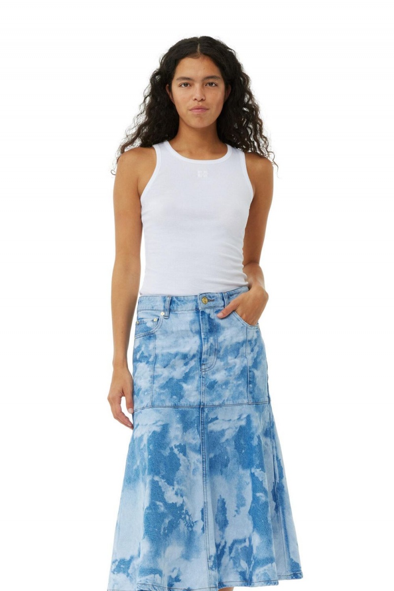 Blue Women's Ganni Bleach Denim Flounce Midi Skirt | 85TWMKQOH