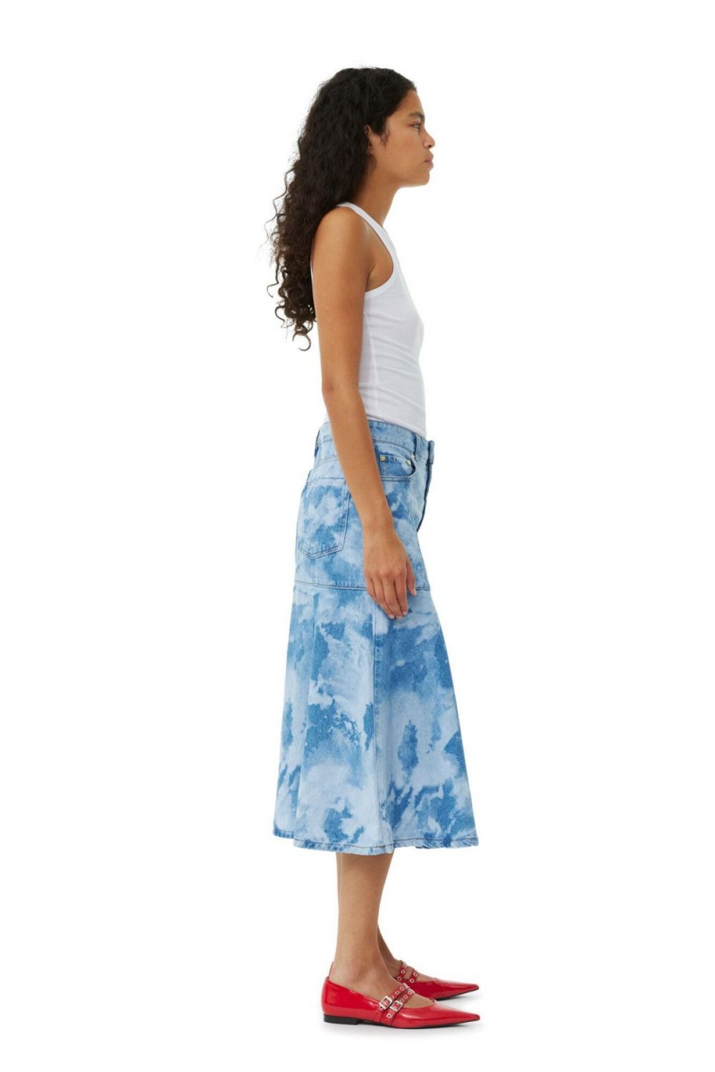 Blue Women's Ganni Bleach Denim Flounce Midi Skirt | 85TWMKQOH