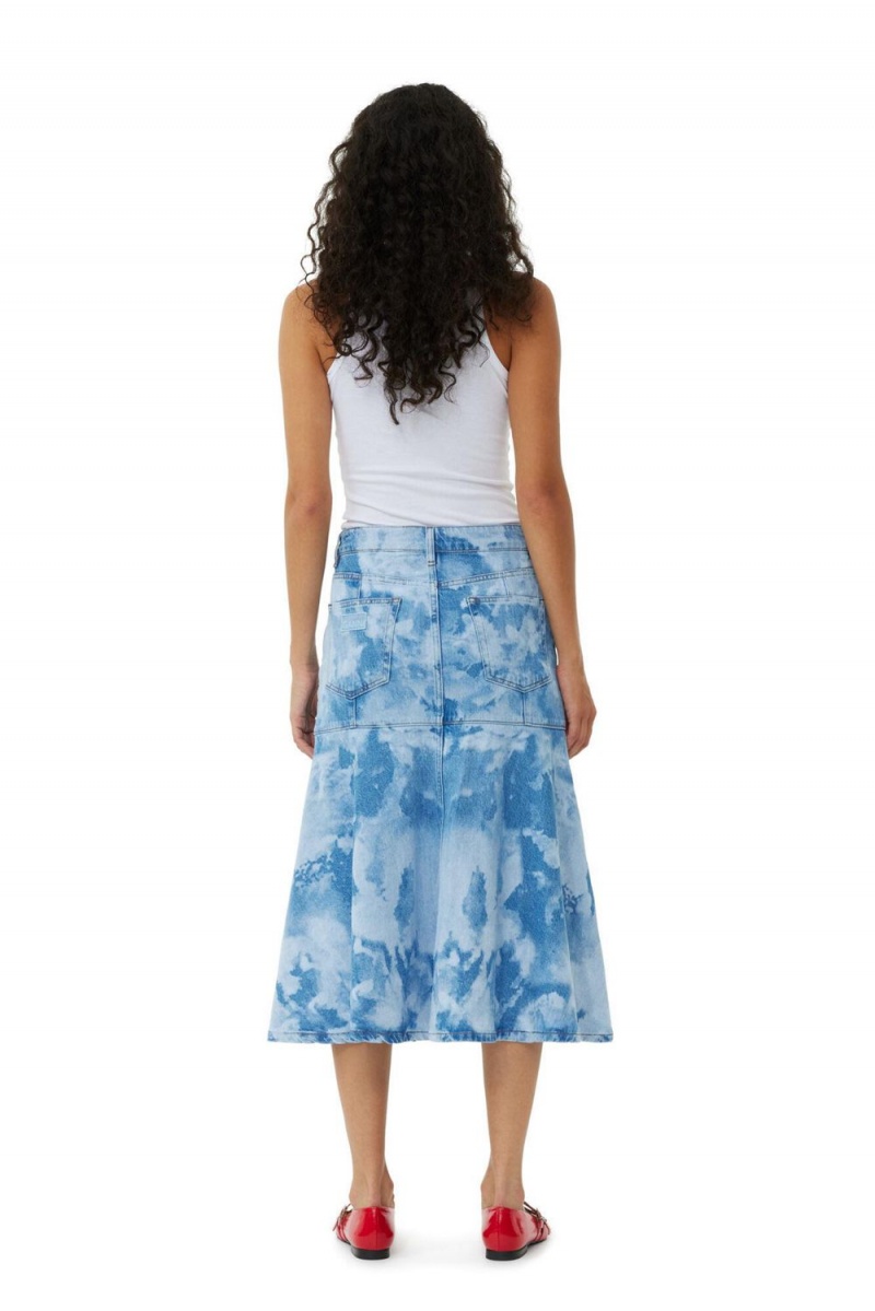 Blue Women's Ganni Bleach Denim Flounce Midi Skirt | 85TWMKQOH