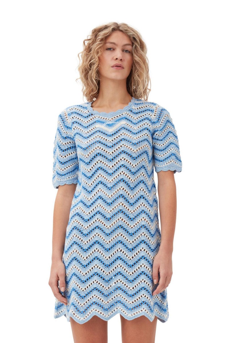 Blue Women's Ganni Cotton Crochet Mini Dress | 94SCAGKYQ