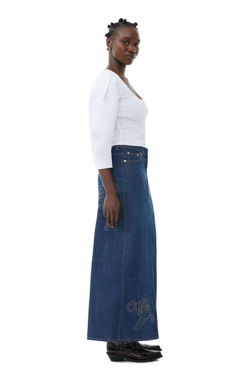 Blue Women's Ganni Denim Rose Maxi Skirt | 21ZVWFKGL