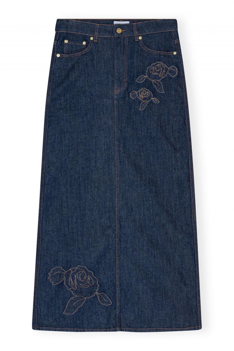 Blue Women's Ganni Denim Rose Maxi Skirt | 21ZVWFKGL