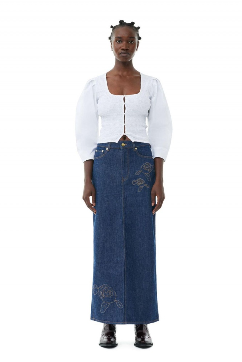 Blue Women\'s Ganni Denim Rose Maxi Skirt | 21ZVWFKGL