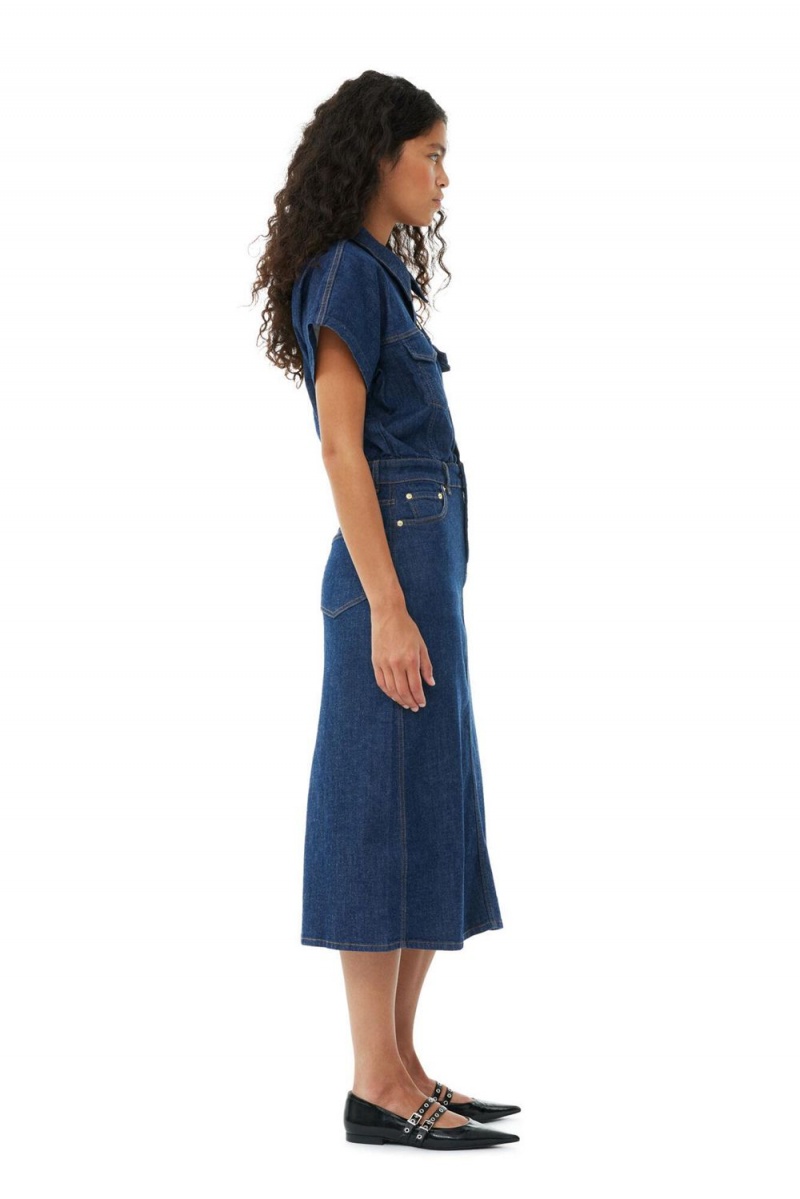 Blue Women's Ganni Denim Rose Midi Dress | 68GRXLCYB