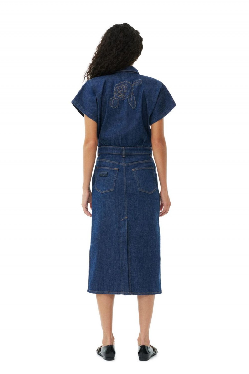 Blue Women's Ganni Denim Rose Midi Dress | 68GRXLCYB