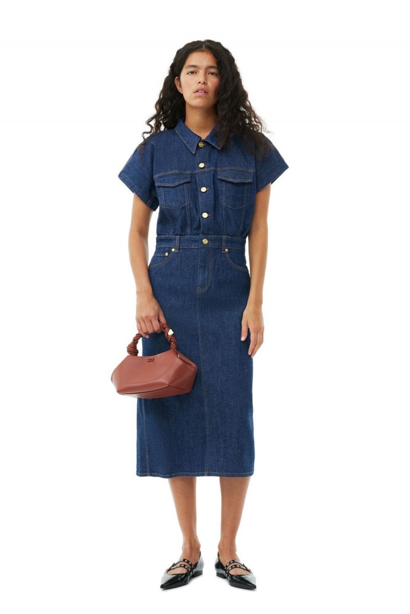 Blue Women\'s Ganni Denim Rose Midi Dress | 68GRXLCYB