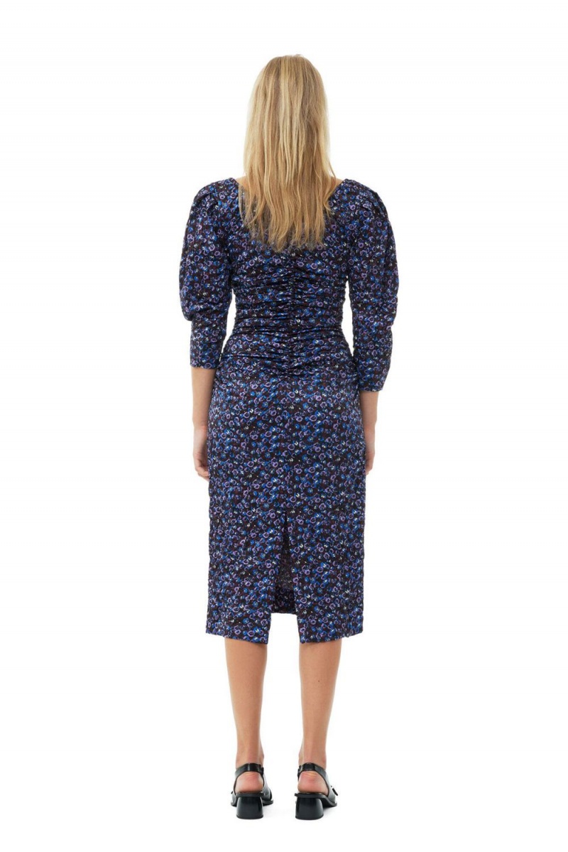 Blue Women's Ganni Floral Crinkled Satin U-neck Midi Dress | 56TOJNDPG