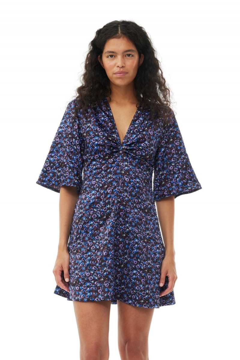 Blue Women's Ganni Floral Crinkled Satin V-neck Mini Dress | 58TSXULIF