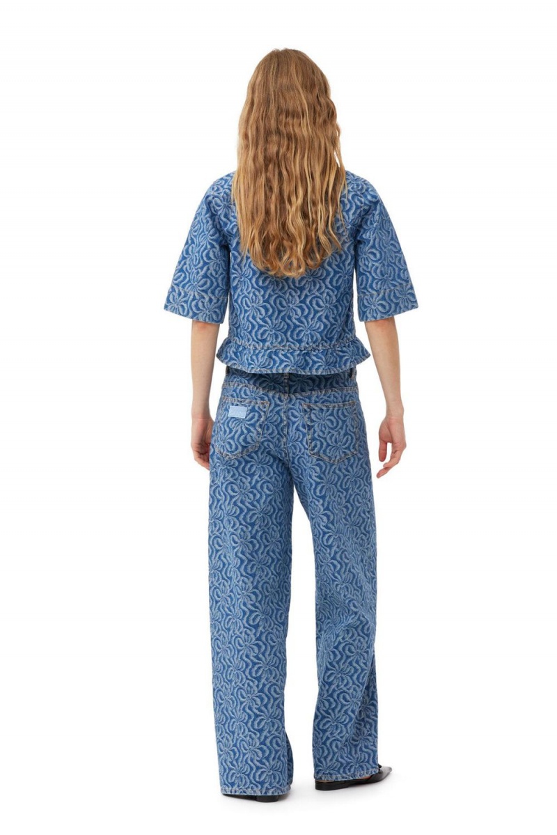 Blue Women's Ganni Jacquard Denim Flounce Tie Blouse | 61IZDXWSE