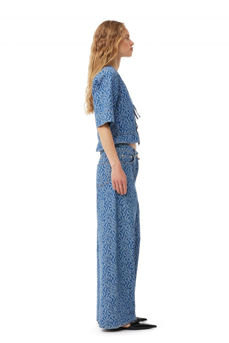 Blue Women's Ganni Jacquard Denim Wide Pants | 72WVGDKAJ