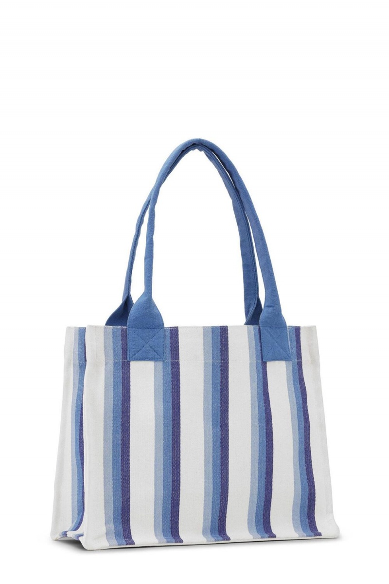 Blue Women's Ganni Large Striped Canvas Tote Bag | 43FBKZAHT