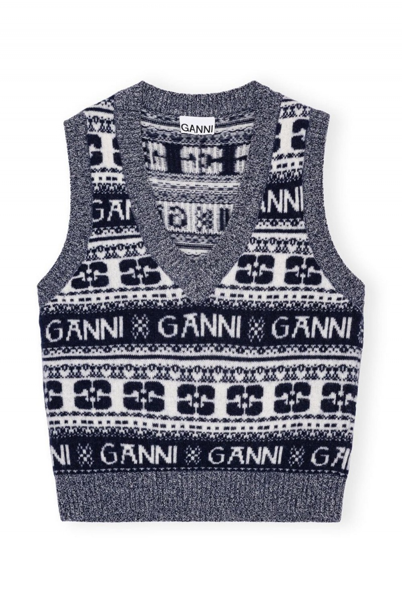 Blue Women's Ganni Logo Wool Mix Vest | 91NZVQSKI