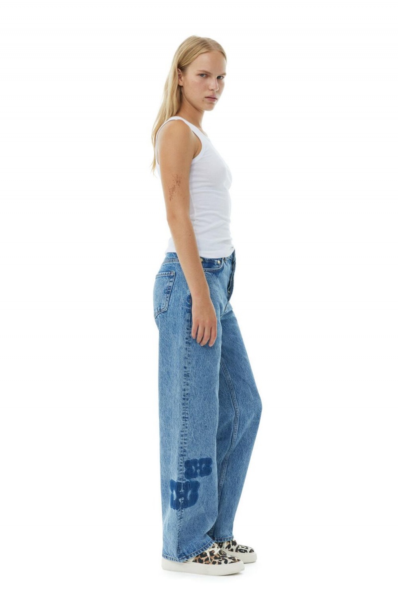 Blue Women's Ganni Mid Stone Patch Izey Jeans | 64LOEGJMU