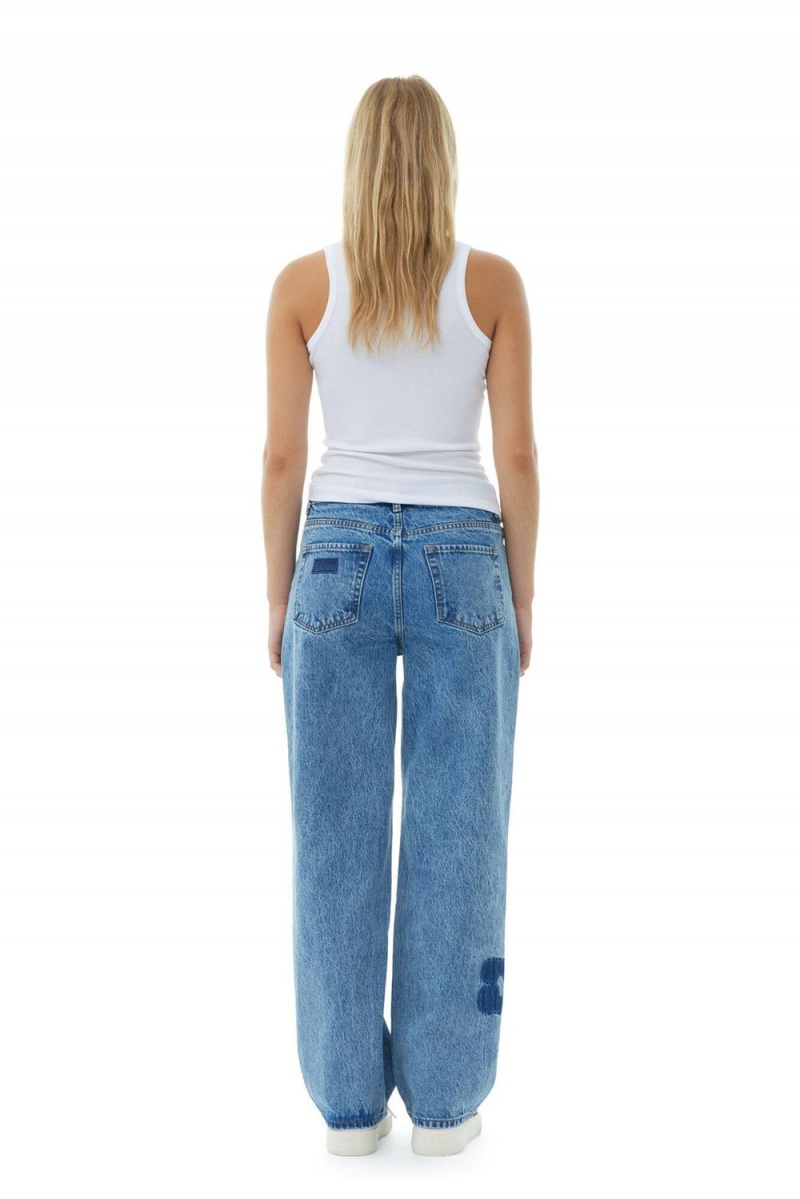 Blue Women's Ganni Mid Stone Patch Izey Jeans | 64LOEGJMU