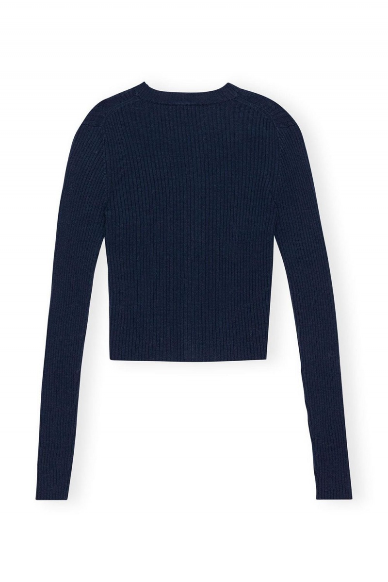 Blue Women's Ganni Mini Ribbed Merino Cardigan | 85TUQCHMX