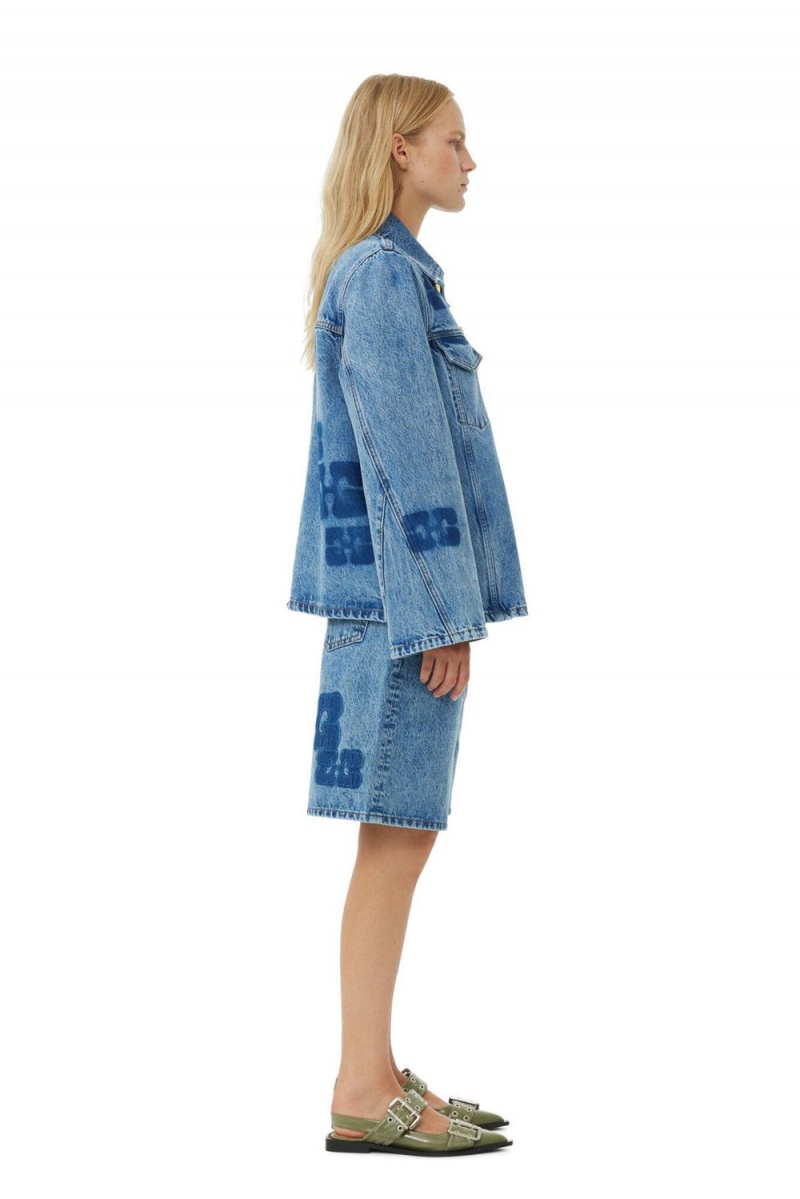 Blue Women's Ganni Patch Denim Jacket | 57YBMXCJT