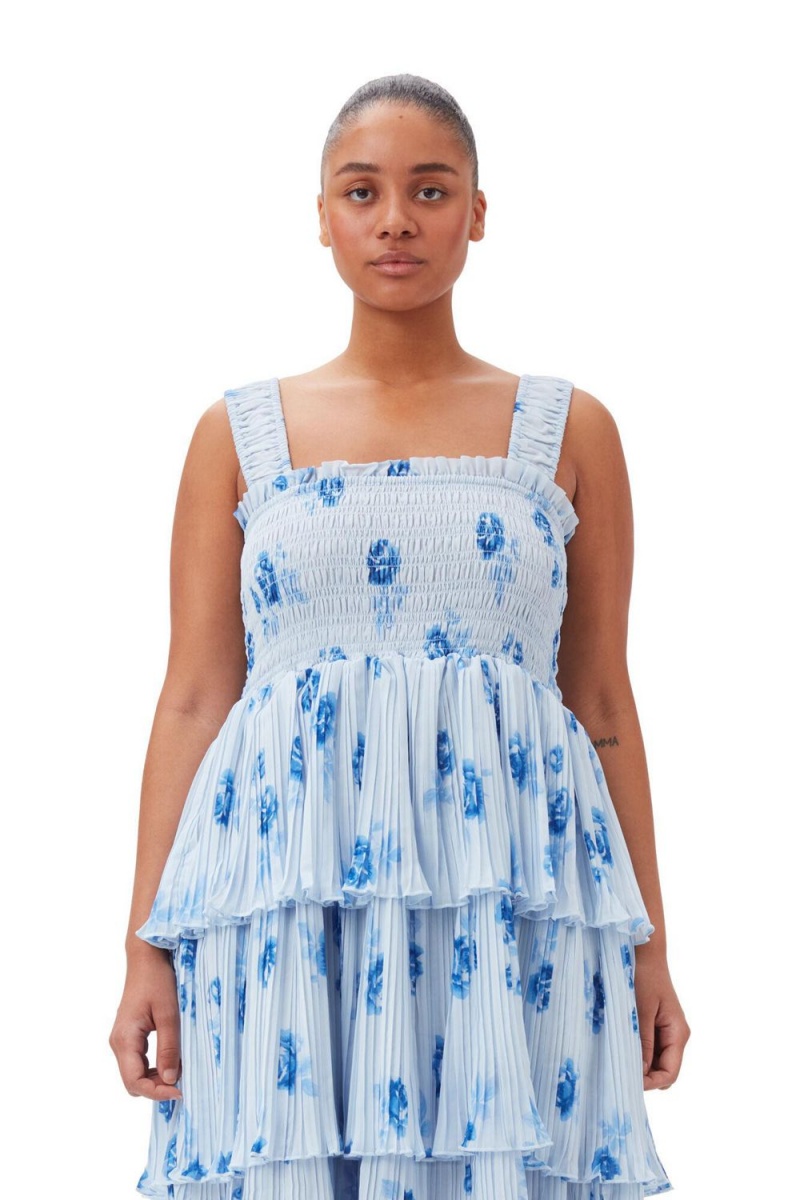 Blue Women's Ganni Pleated Georgette Flounce Smock Dress | 60APMUCWZ