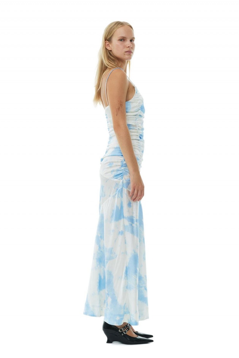 Blue Women's Ganni Printed Satin Ruched Long Slip Dress | 73ZCJNTVP