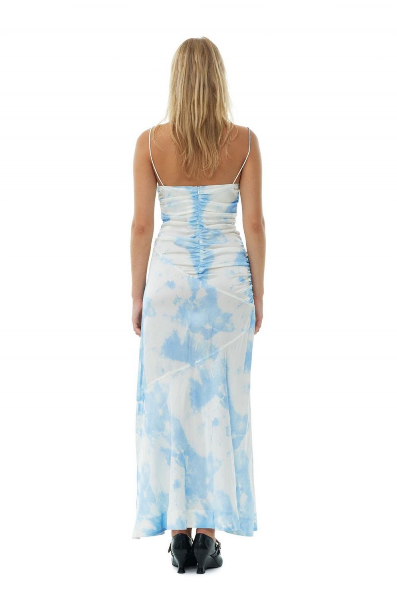 Blue Women's Ganni Printed Satin Ruched Long Slip Dress | 73ZCJNTVP