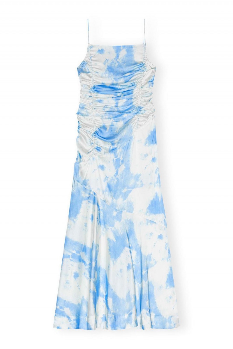 Blue Women's Ganni Printed Satin Ruched Long Slip Dress | 73ZCJNTVP