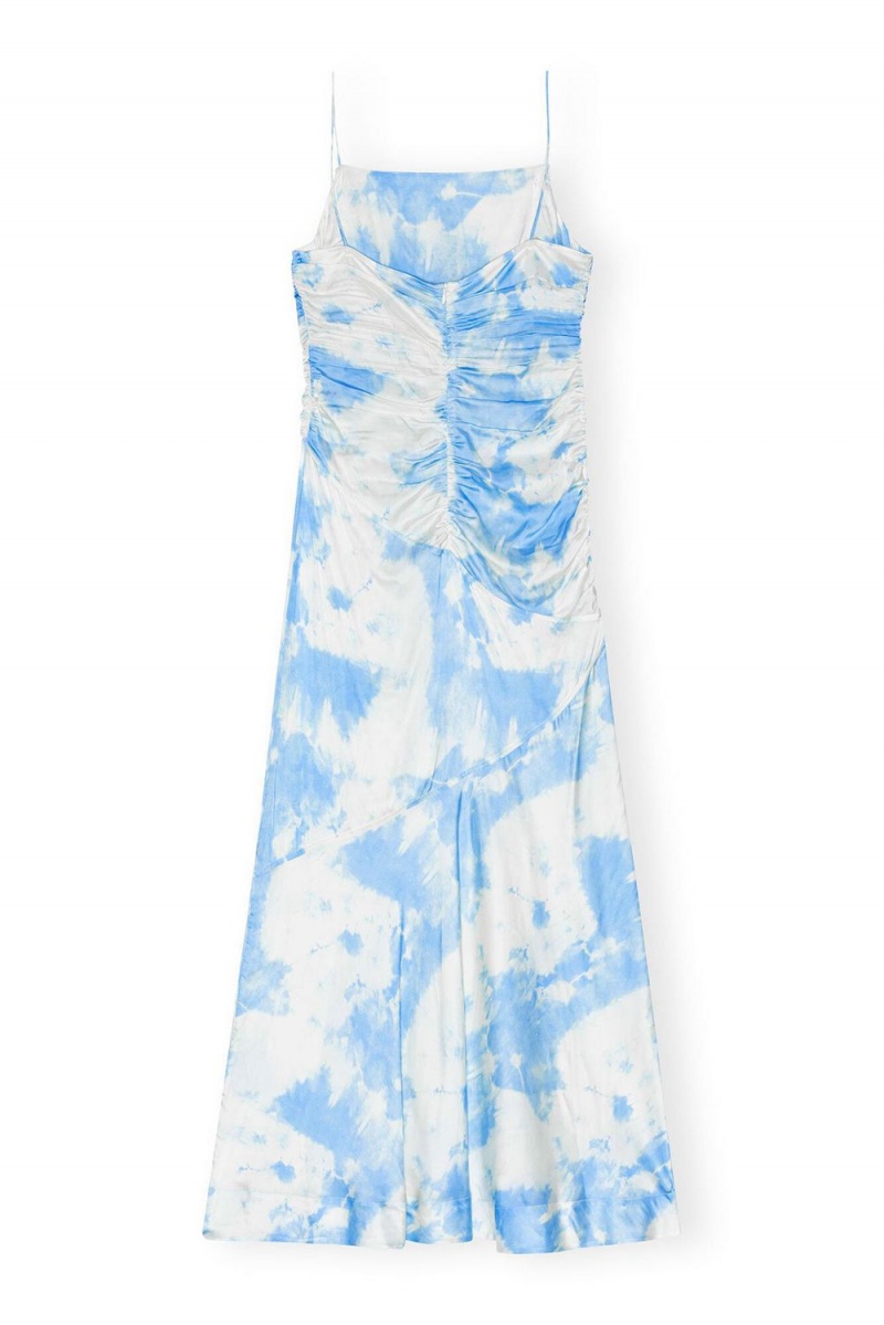 Blue Women's Ganni Printed Satin Ruched Long Slip Dress | 73ZCJNTVP