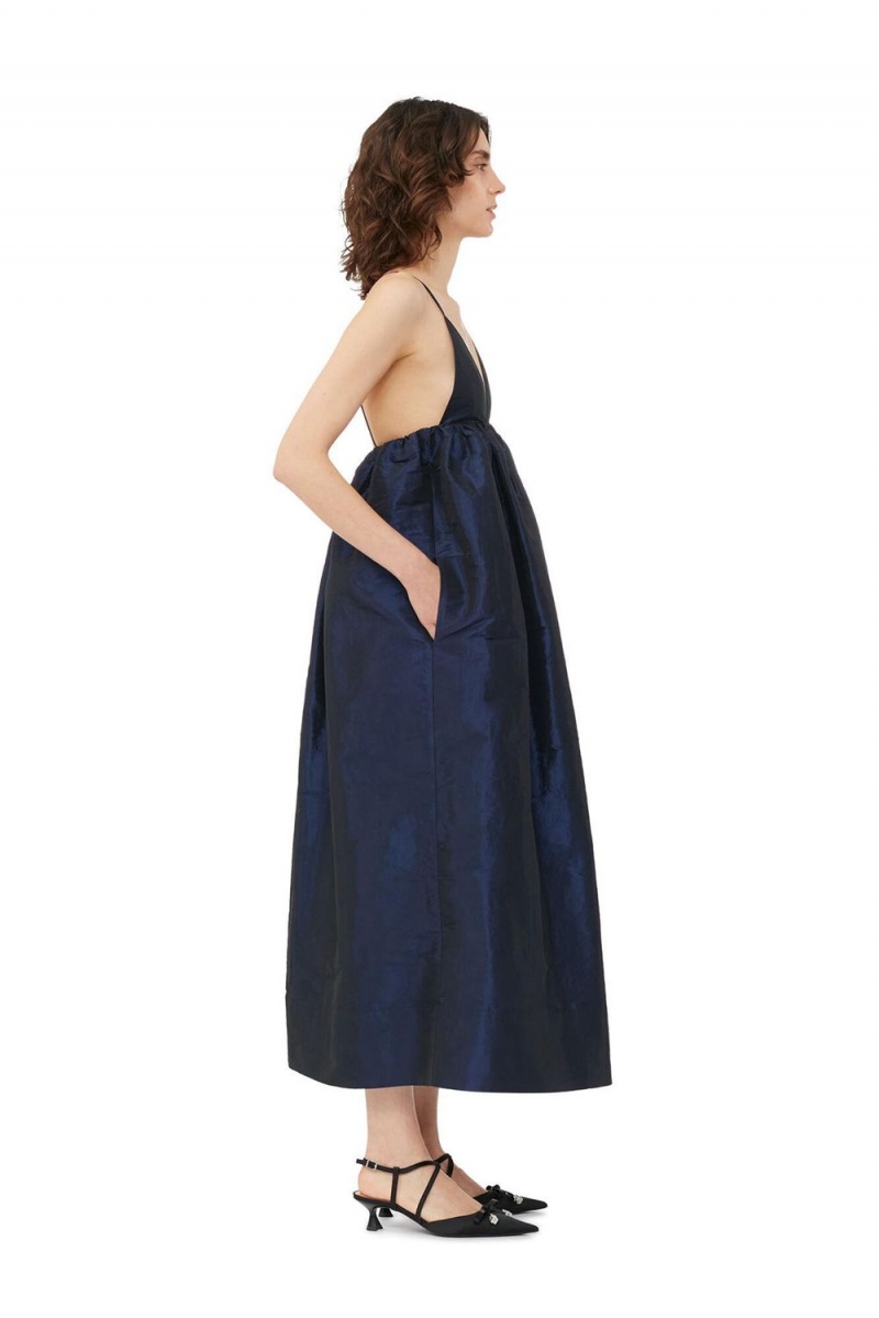 Blue Women's Ganni Shiny Taffeta Strap Dress | 36TIKBXWH